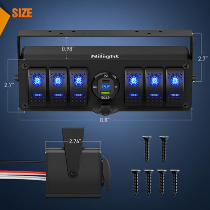Nilight 6 Gang Rocker Switch Box 12V SPST ON Off PD Type C and USB Charger Voltmeter Waterproof Aluminum Panel Night Glow Stickers for Boats Cars RVs Trucks