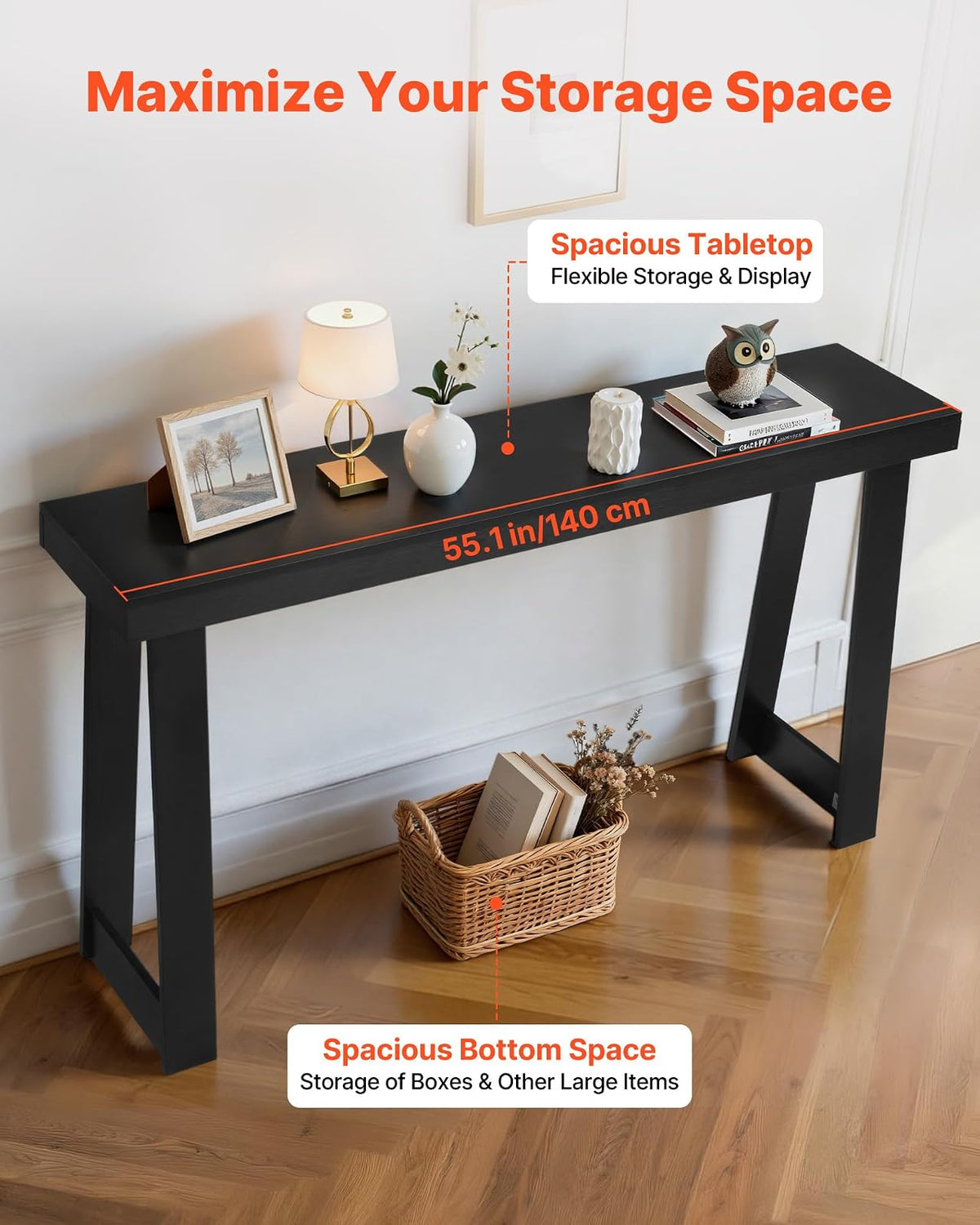 VEVOR Mesa Consola Moderna, Mesa Auxiliar Rectangular para Colocar Detrás del Sofá, 140 x 30,5 x 81 cm, Fabricada en Panel Multicapa, para Recibidor, Dormitorio, Sala de Estar, Negro, Carga 50 kg