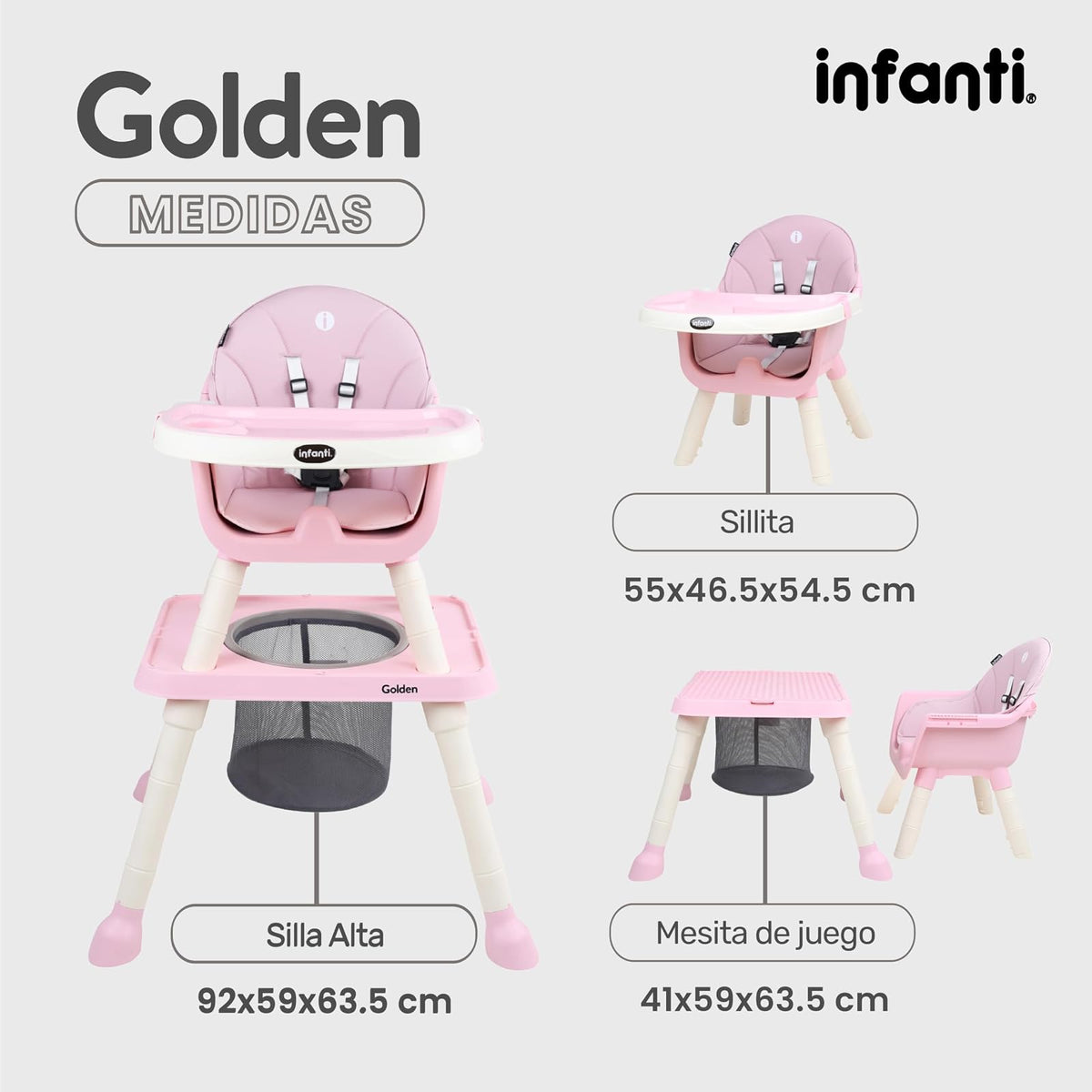 INFANTI | Silla Alta GOLDEN 6 en 1 | Bandeja Desmontable | Mesa Interactiva | Canasta para Accesorios | 6-36 Meses o Hasta 15 kg | Color Rosa