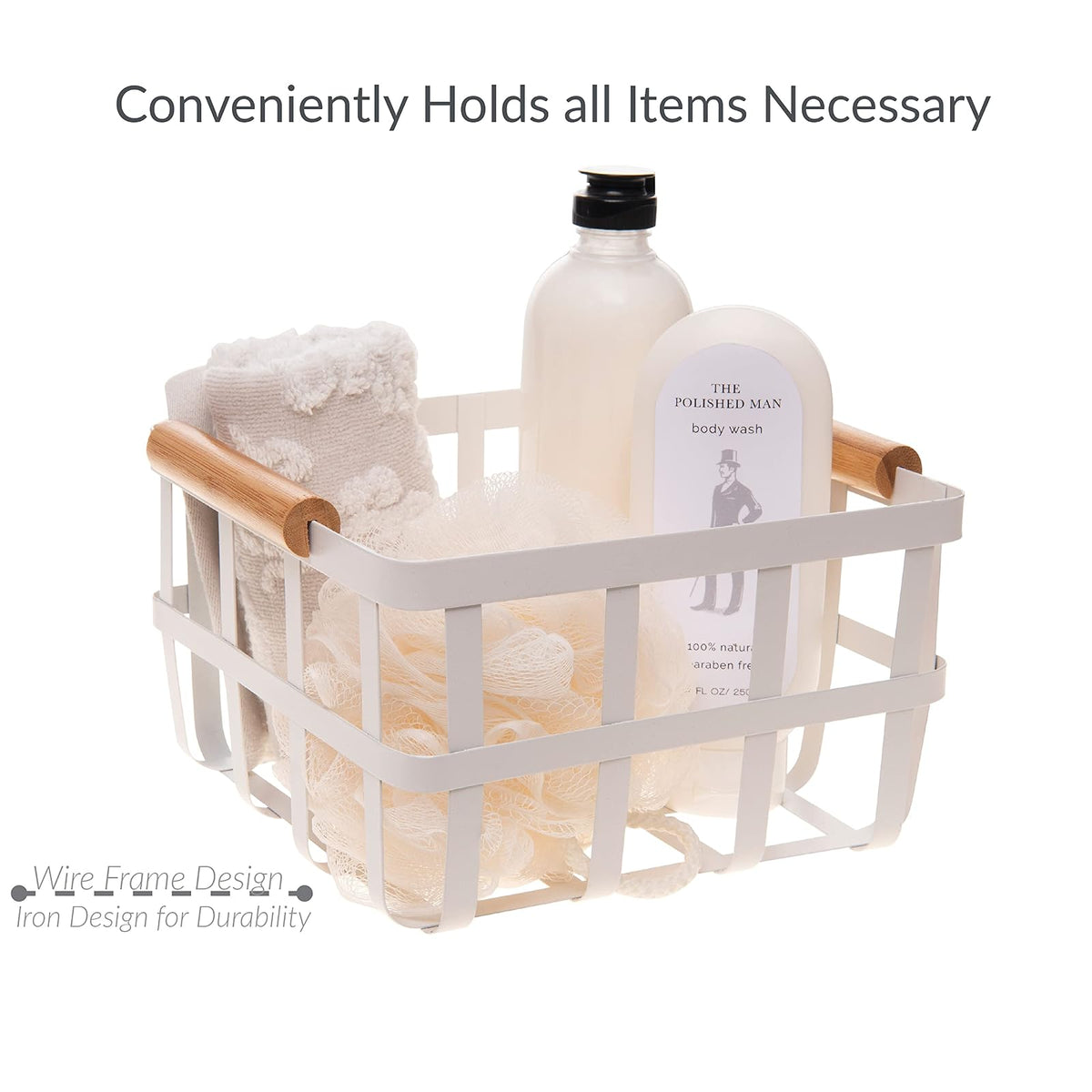 Simplify - Cesta Cuadrada de Metal con Asas de bambú, tamaño Mediano, Cesta de Alambre Estilo Granja | Organizador del hogar, Decorativo, rústico, Blanco