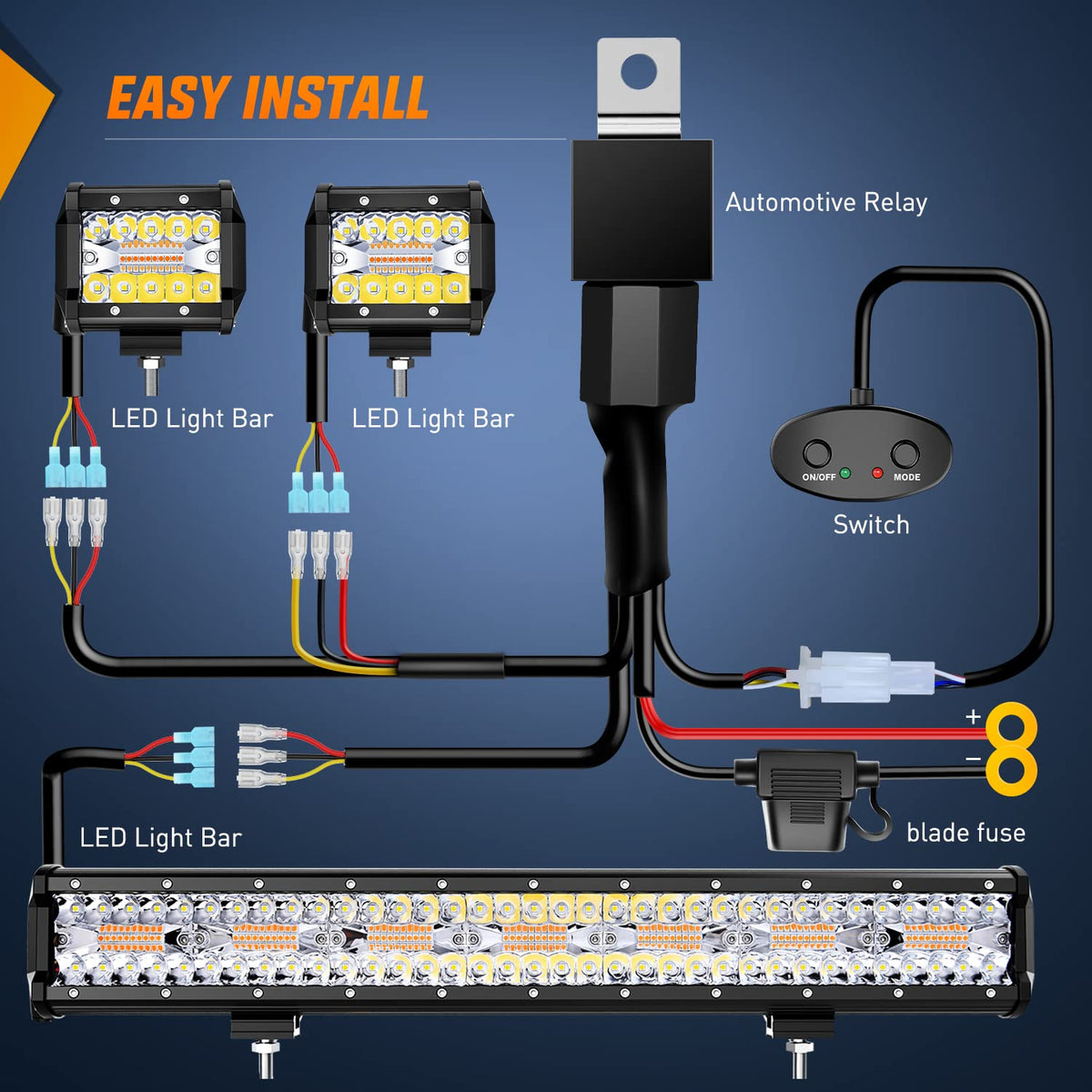 Nilight 20Inch 420W LED Light Bar 2PCS 4Inch 60W Light Pods Amber White Strobe 6 Modes Memory Function Reset Function Off Road Truck with 16AWG Wiring Harness Kit-3 Lead, 2 Years Warranty