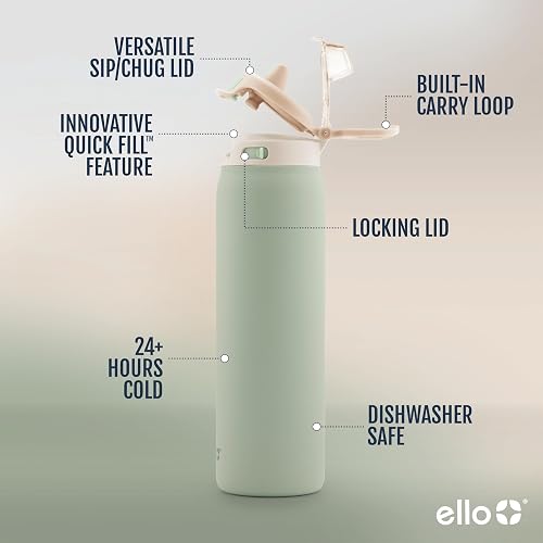 Ello - Pop & Fill - Botella de agua de acero inoxidable con tecnología QuickFill - Doble pared y aislamiento al vacío, tapa con bloqueo a prueba de fugas, reutilizable, sin BPA - 950 ml, pistache