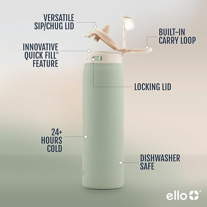 Ello - Pop & Fill - Botella de agua de acero inoxidable con tecnología QuickFill - Doble pared y aislamiento al vacío, tapa con bloqueo a prueba de fugas, reutilizable, sin BPA - 950 ml, pistache