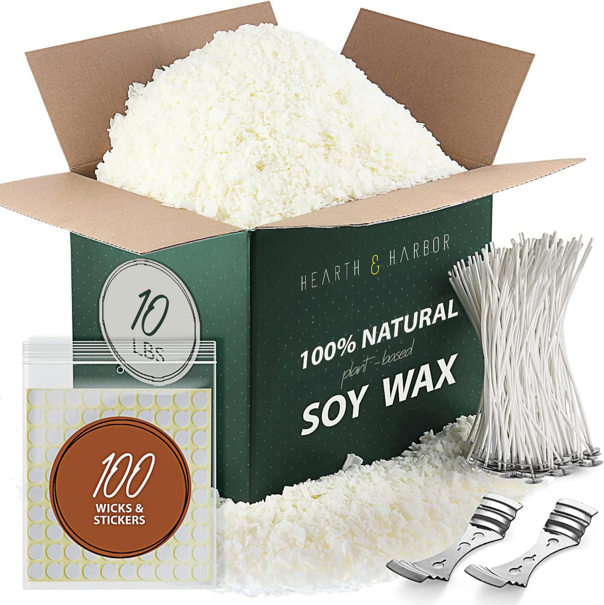 Hearth & Harbor - Bolsa de 4.53 kg Cera de Soya para Velas para Hacer Velas, Hojuelas de Cera de Soya Natural Premium, 100 Mechas de Algodón, 100 Pegatinas para Mechas y 2 Dispositivos de Centrado