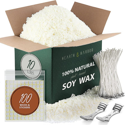 Hearth & Harbor - Bolsa de 4.53 kg Cera de Soya para Velas para Hacer Velas, Hojuelas de Cera de Soya Natural Premium, 100 Mechas de Algodón, 100 Pegatinas para Mechas y 2 Dispositivos de Centrado