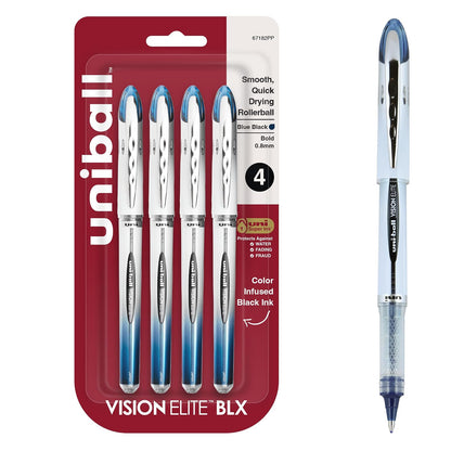 Uni-ball Vision Elite Bolígrafo Rollerball, Tinta Resistente al Agua - Azul - Negro - 4 Unidad (Paquete de 1) - Punta gruesa