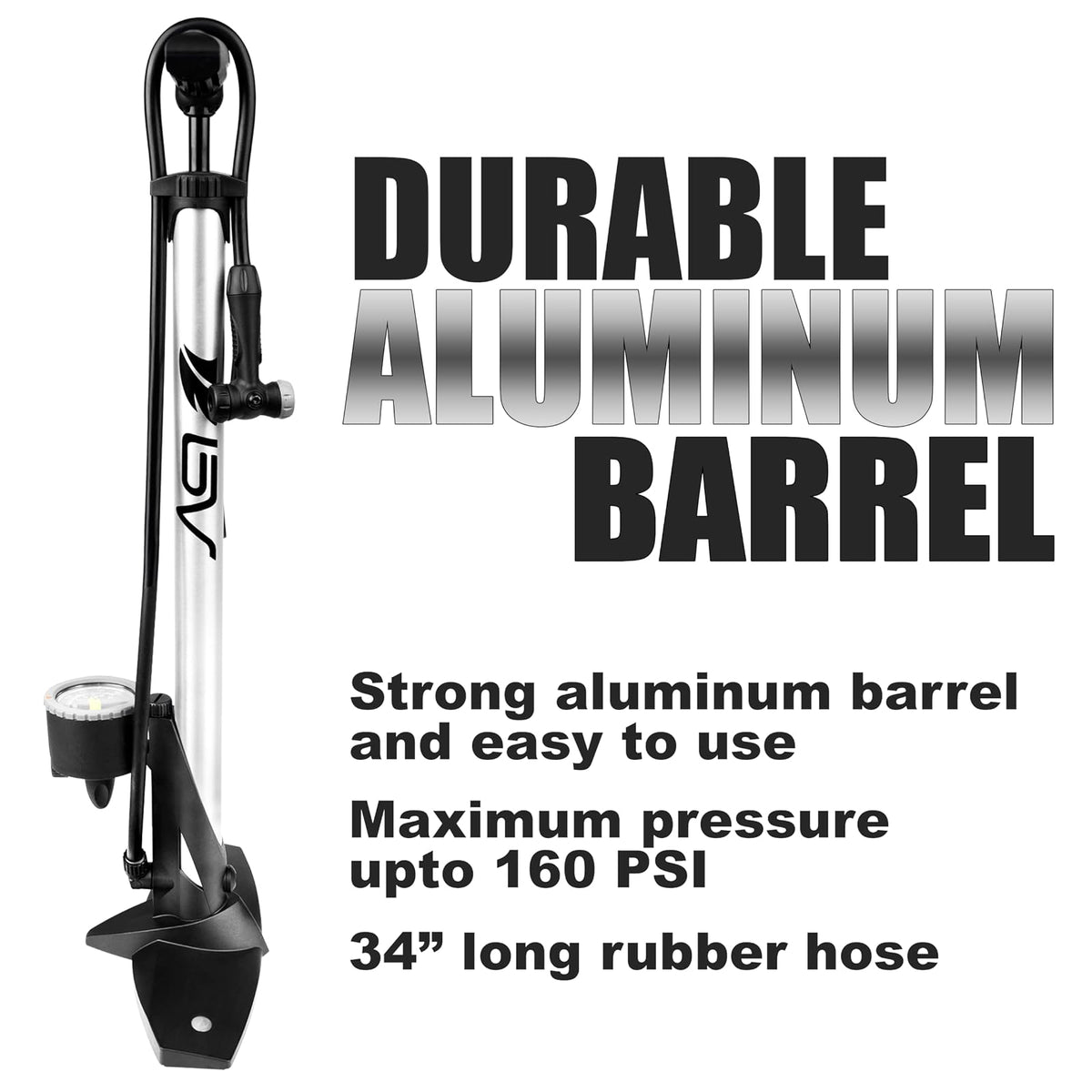BV - Bomba de Acero Duradera para Bicicleta, Cabeza de válvula Inteligente de 17/24 Pulgadas, 160 PSI, Reversible automáticamente Presta y Schrader