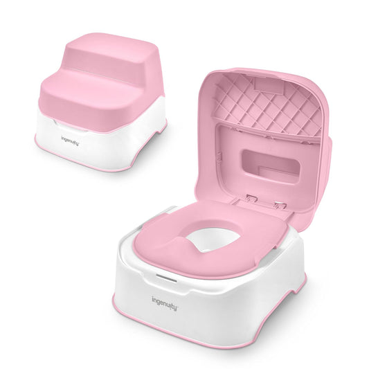 Ingenuity Prepare to Potty Sistema 3 en 1 - Inodoro de entrenamiento para ir al baño, parte superior, taburete de escalón, fácil instalación, rosa, para niños pequeños de 18 meses +
