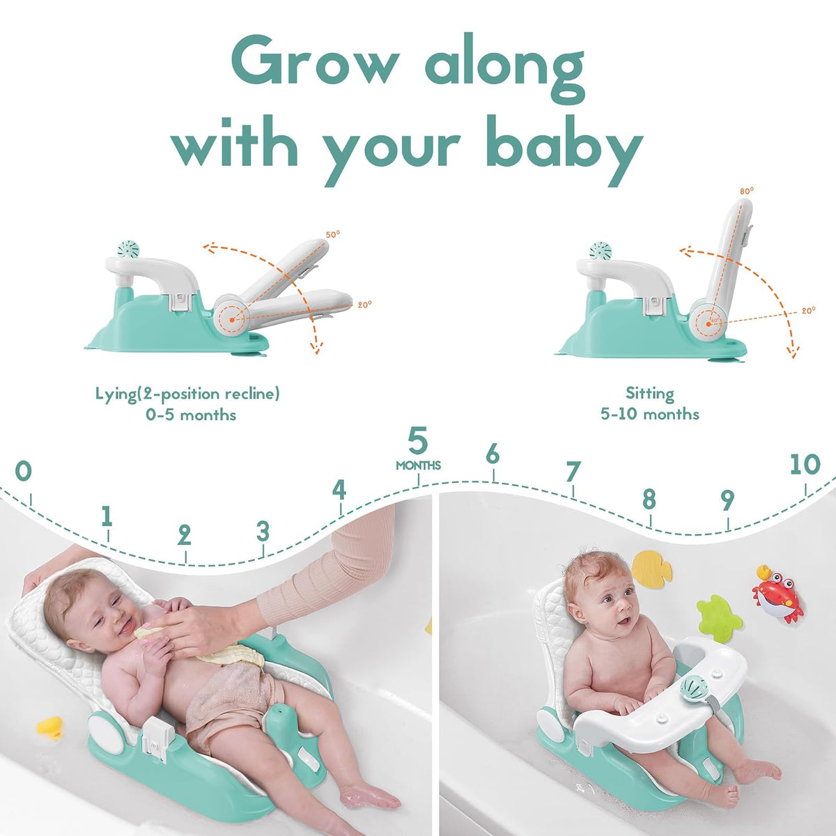 BabyBond - Asiento de baño para bebé con asiento y acostado, 2 modos, ajuste de 3 velocidades, potentes ventosas, silla de tina para bebé con toalla suave y cómoda, plegable y colgante