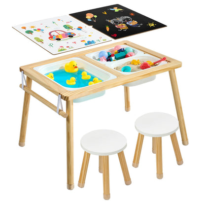VEVOR Mesa Sensorial Infantil, Mesa de Madera de Actividades para Niños, con 2 Taburetes Tablero de Doble Cara y Cajas de Almacenamiento, Patas Antideslizantes, Multifuncional para Juegos Exploración