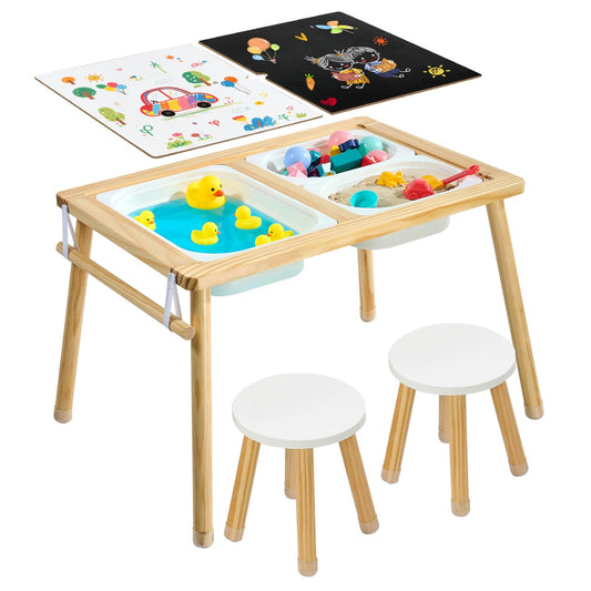 VEVOR Mesa Sensorial Infantil, Mesa de Madera de Actividades para Niños, con 2 Taburetes Tablero de Doble Cara y Cajas de Almacenamiento, Patas Antideslizantes, Multifuncional para Juegos Exploración
