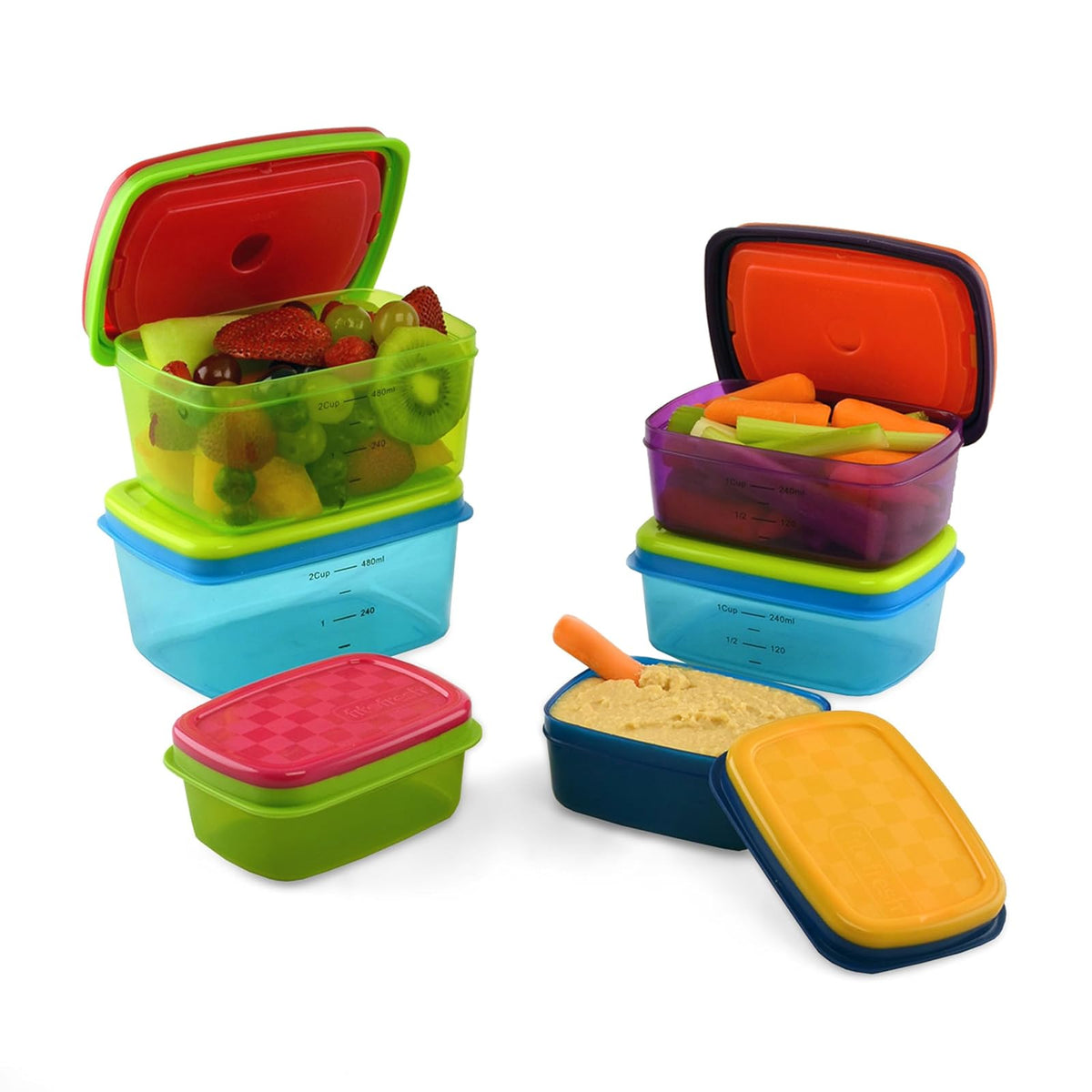 Fit & Fresh - Juego de almuerzo saludable para niños, 14 piezas con paquetes de hielo extraíbles, a prueba de fugas, sin BPA, control de porciones, multicolor
