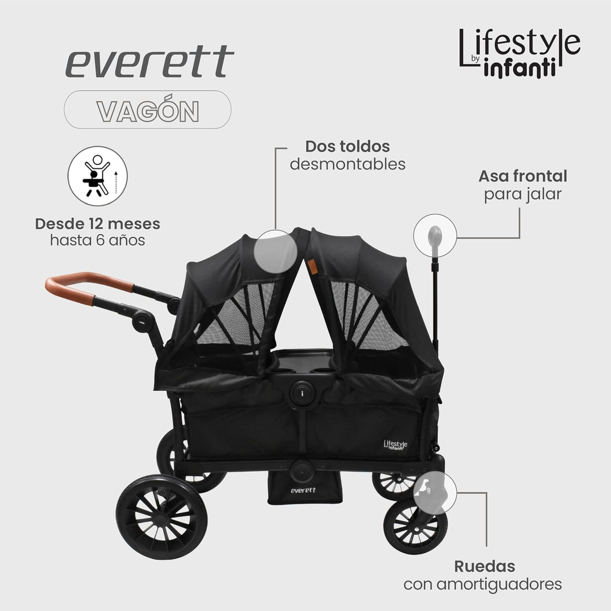 INFANTI | Vagón EVERETT Doble | Soporta 50 kg | Asientos Seguros Toldos Desmontables | Mango Ajustable | Ruedas con Amortiguación | Frenos Integrados | Plegado Compacto | Color Negro