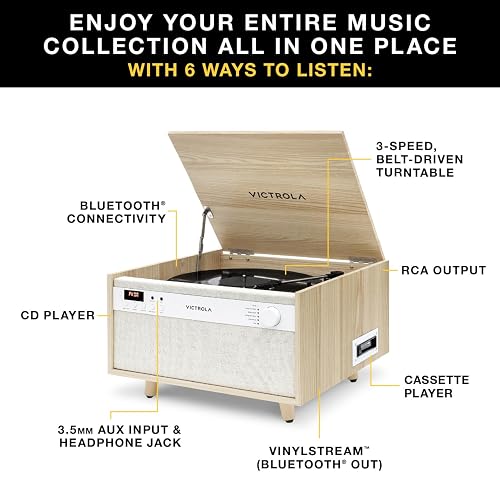 Victrola Century - Tocadiscos Bluetooth 6 en 1 - Natural Centro Musical de Mediados de Siglo Reproduce Vinilo, CD, Casete y Auxiliar, VINYLSTREAM transmite Discos a Altavoces Bluetooth