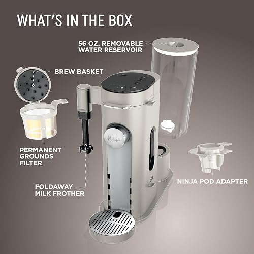 Ninja - Cafetera de especialidad para preparar una taza, compatible con cápsulas K-Cup y café molido, espumador de leche integrado, depósito de 1.65 litros, tazas de 177.44 ml hasta 710.89 ml, piedra