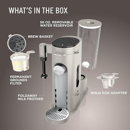 Ninja - Cafetera de especialidad para preparar una taza, compatible con cápsulas K-Cup y café molido, espumador de leche integrado, depósito de 1.65 litros, tazas de 177.44 ml hasta 710.89 ml, piedra