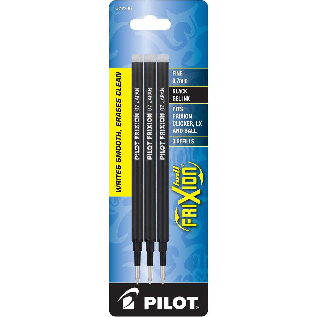 Pilot Frixion – Bolígrafo de tinta de gel, Negro, Paquete con 3 unidades (Fine Point) + FriXion - Recambio para bolígrafo de tinta de gel, 3 unidades, Azul, Repuesto de tinta (empaque de 3)