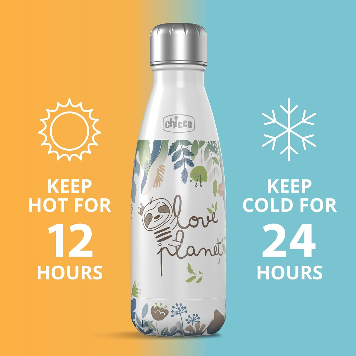 Chicco - Botella de agua aislada al aspiradora de doble pared de acero inoxidable, 17 onzas, acero inoxidable de grado alimenticio, apertura de boca ancha, a prueba de fugas y sin sudor, perezoso, más