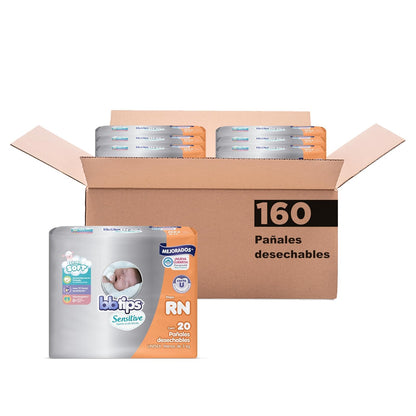 BBtips Sensitive, Recien Nacido, 160 Pañales (8 paquetes con 20 pañales)
