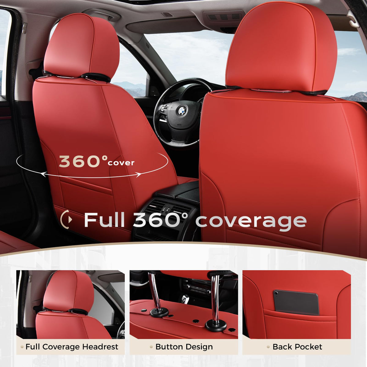 Coverado - Funda para Asiento de Automóvil, Funda para Asiento Delantero de Automóvil, Piel Premium, Ajuste Universal, Impermeable, cojín Antideslizante para la mayoría de los Automóviles, Color Rojo