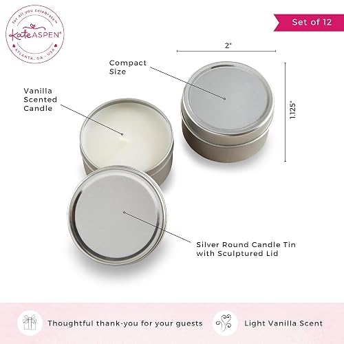 Kate Aspen - Velas aromáticas de vainilla con tapas (juego de 12), recuerdos de despedida de soltera, regalos de boda, regalos de dama de honor, plata, 12 piezas