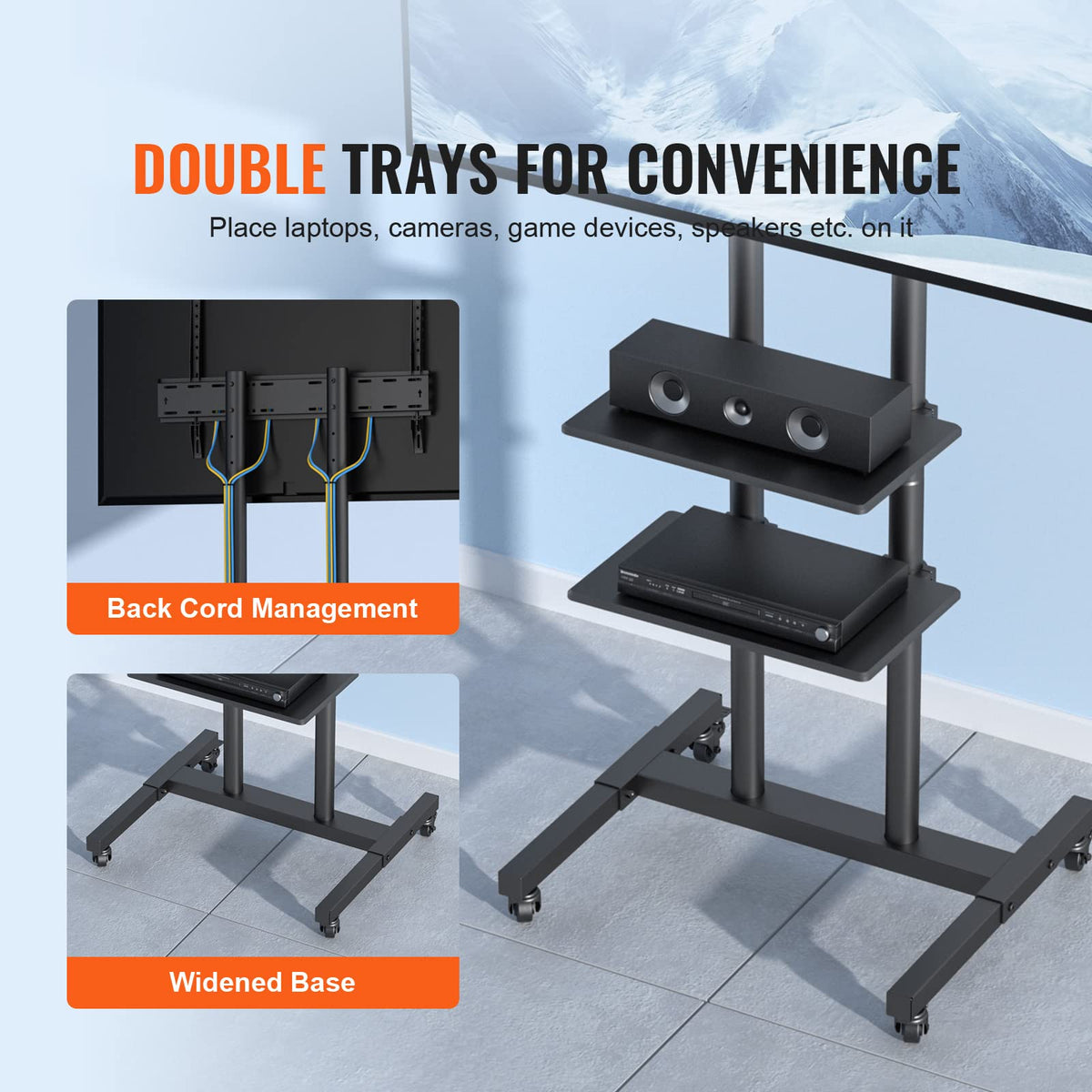 VEVOR - Soporte de TV móvil, Carrito de TV móvil para televisores de 32 a 70 Pulgadas, Soporte de TV portátil de Altura Ajustable con Ruedas, Bandeja Doble para Dispositivos audiovisuales, Soporte de