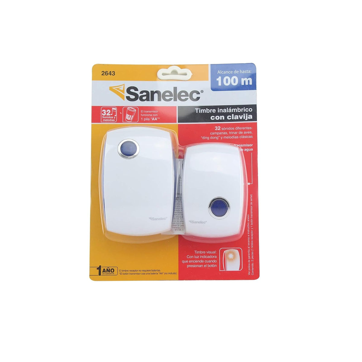 Sanelec 2643 Timbre Inalámbrico con Clavija, 32 Melodias, LED Indicador de Encendido, 1 Control
