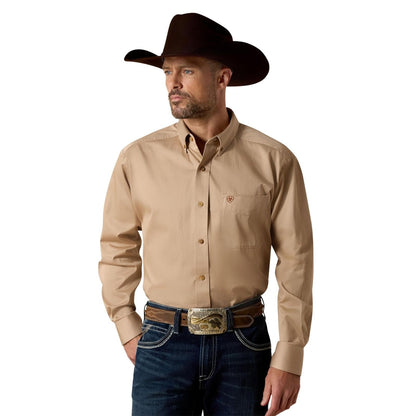 Ariat Camisa de Sarga de Algodón para Hombre, Manga Larga - G - Khaki