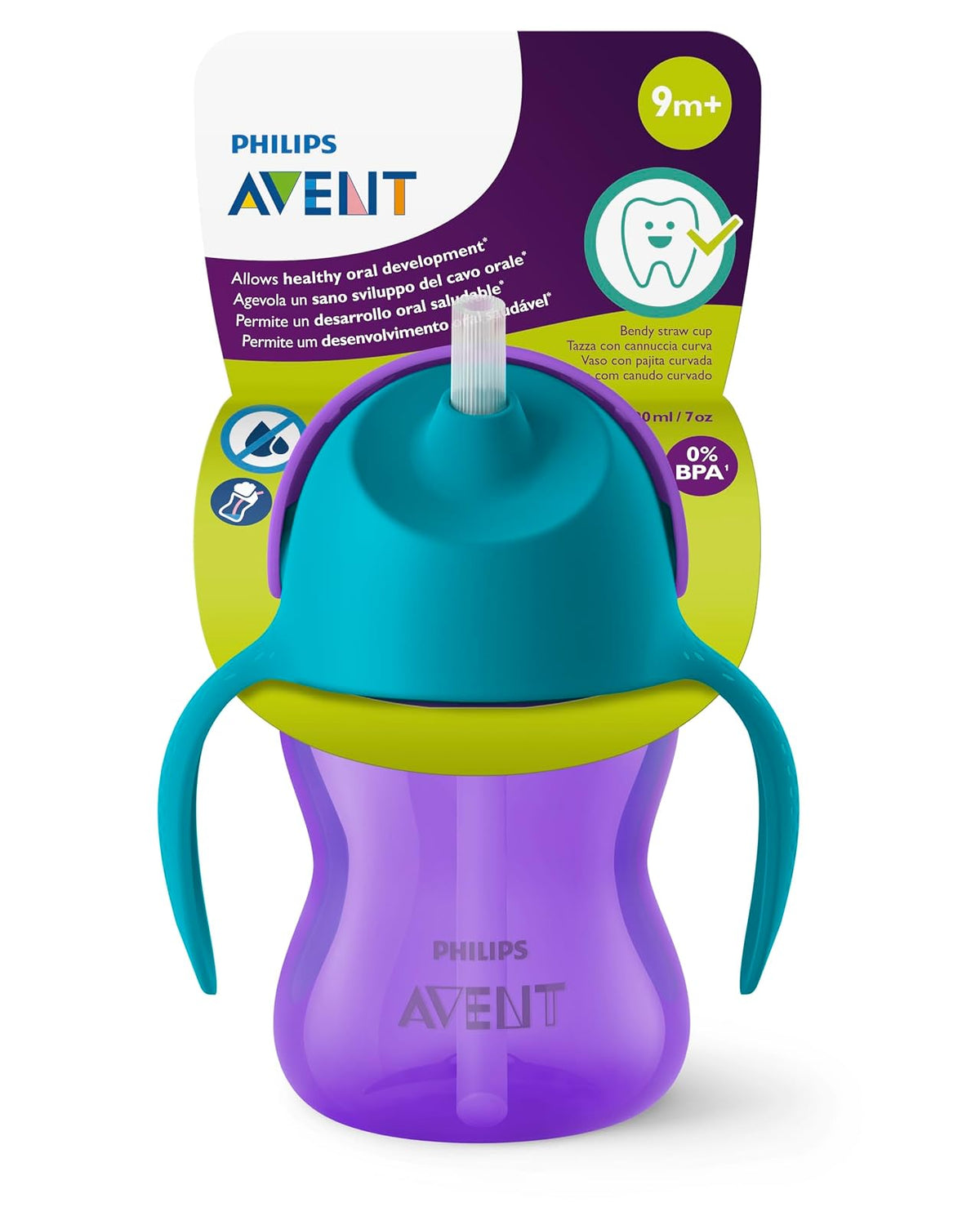 Philips Avent Vasito con popote flexible│con asas│Morado/Azul│7 oz/200 ml│9 m+│1 pzs│SCF796/02