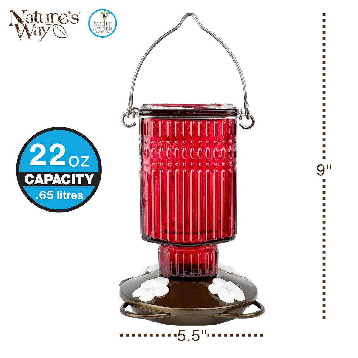 Nature's Way - Alimentador de colibrí de Vidrio Colgante para decoración al Aire última intervensión, 22 onzas de Capacidad, 4 Puertos Flexibles fáciles de Limpiar, Color Rojo