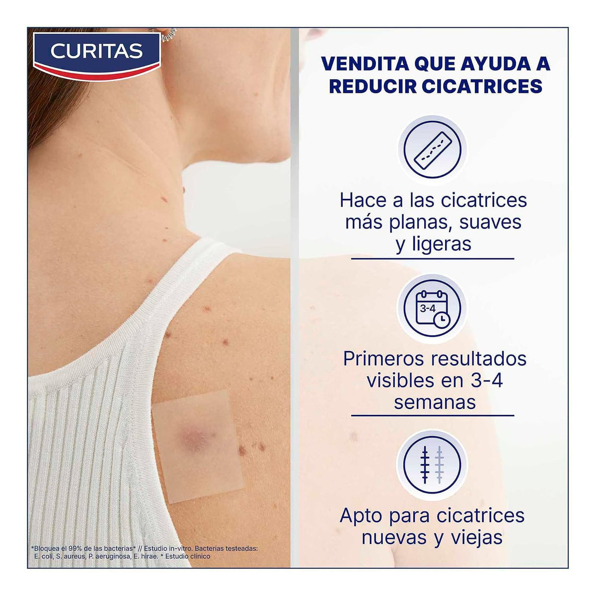 Curitas Reductor de Cicatrices, caja con 21 Venditas, Reduce, Aclara y Suaviza cicatrices nuevas y antiguas