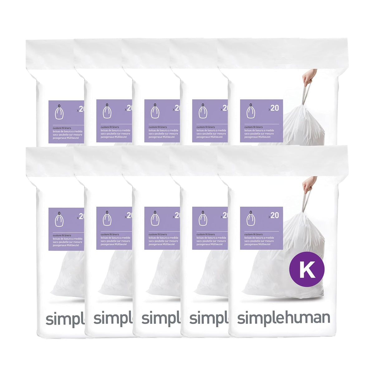 simplehuman Código K Bolsas de Basura con Cordón, Blanco, 100 pzas - Blanco - 200 Count (Pack of 1) - Código K