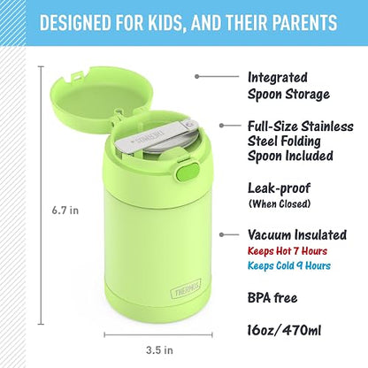 THERMOS FUNTAINER - Tarro de acero inoxidable aislado al aspiradora de 16 onzas con cuchara plegable, lima neón