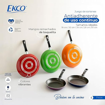 Ekco | Juego de Sartenes 5 Piezas de Aluminio Antiadherente Multicolor | Libre de PFOA, 1.7 mm espesor, Cocción uniforme, Fácil limpieza, Calentamiento rápido, Uso diario, Mangos ergonómicos