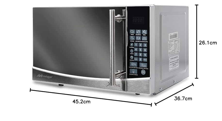 Microondas Xwave Mirage, 0.7 pies, 9 programas predeterminados, acabado tipo espejo, descongelamiento y coccion por pero, plata, modelo MWD020E-PLATA