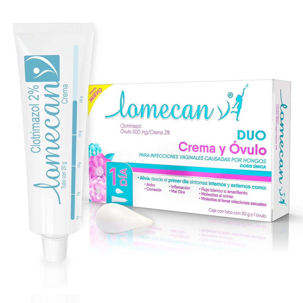 LOMECAN V - Dúo, crema y óvulo. Tratamiento para infecciones cervicovaginales que alivia inflamación, comezón y ardor desde la primera aplicación. Caja con tubo 20g y 1 óvulo.