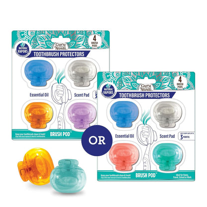 GuruNanda - Paquete de 4 cápsulas de cepillo para polvo de dientes para cepillos manuales y eléctricos, protector de cepillo para polvo de dientes de plástico con clips con vapores de aceite esencial
