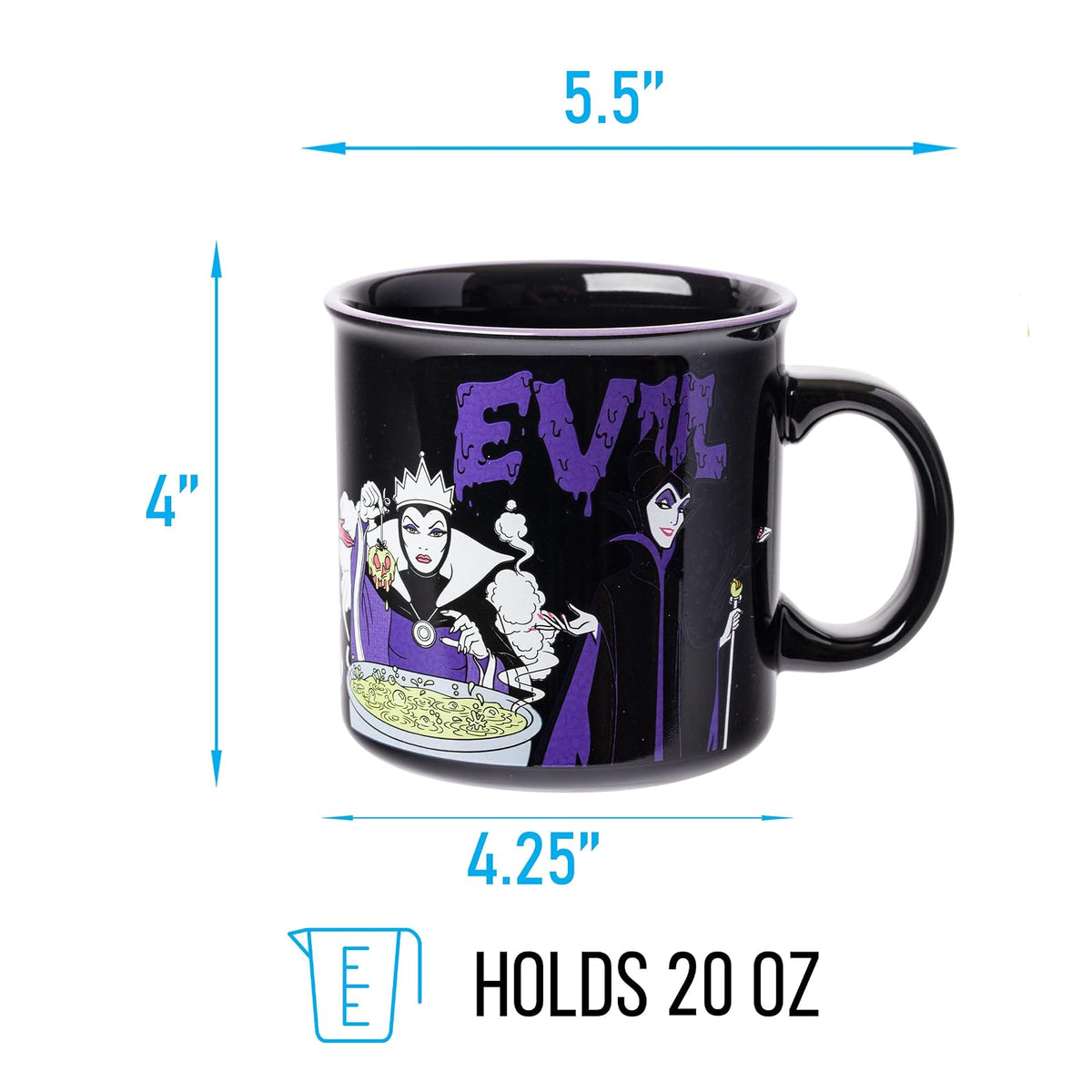 Silver Buffalo Disney Villains Evil With Ursula, Cruella de Vil, The Evil Queen y Maléfica taza de cerámica para campista, 20 onzas
