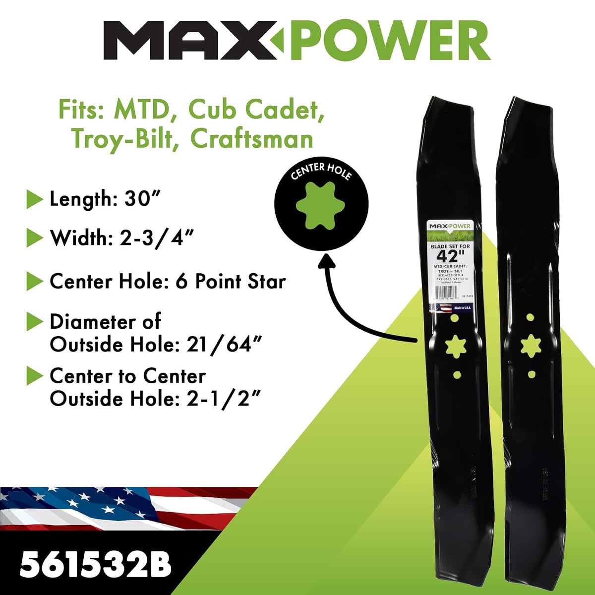 MaxPower 561532 2-Blade Mulching Set for 42 Inch Cut MTD/Cub Cadet/Troy-Bilt Replaces 742-04126, 742-0616, 742-0616A, 942-04126, 942-0616A, 942-0616