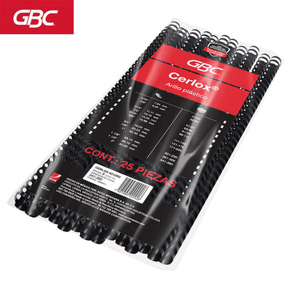 GBC Arillo plastico CERLOX 38 aros, Color negro, Bolsa con 25 de 1". M080610