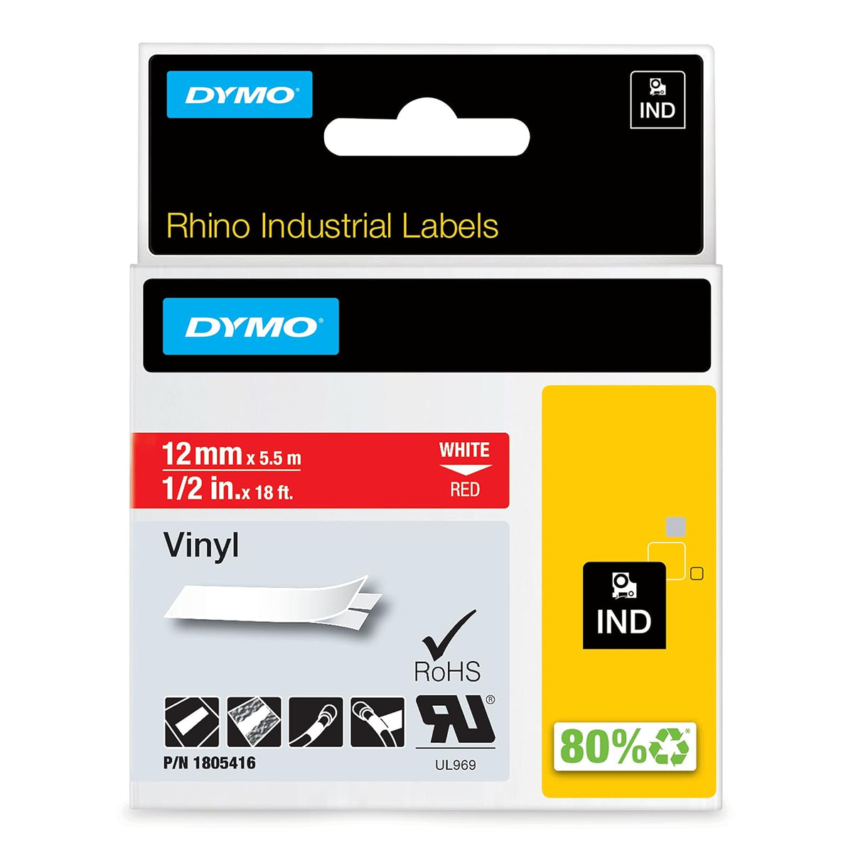 Dymo M1805416 Etiqueta Rhino 1/2" Vinilo 12mm, rojo