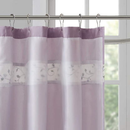 Serene Faux Silk Embroidered Floral Shower Curtain Purple 72x72" | Añade privacidad, lavable a máquina, patrón floral, certificado OEKO-TEX