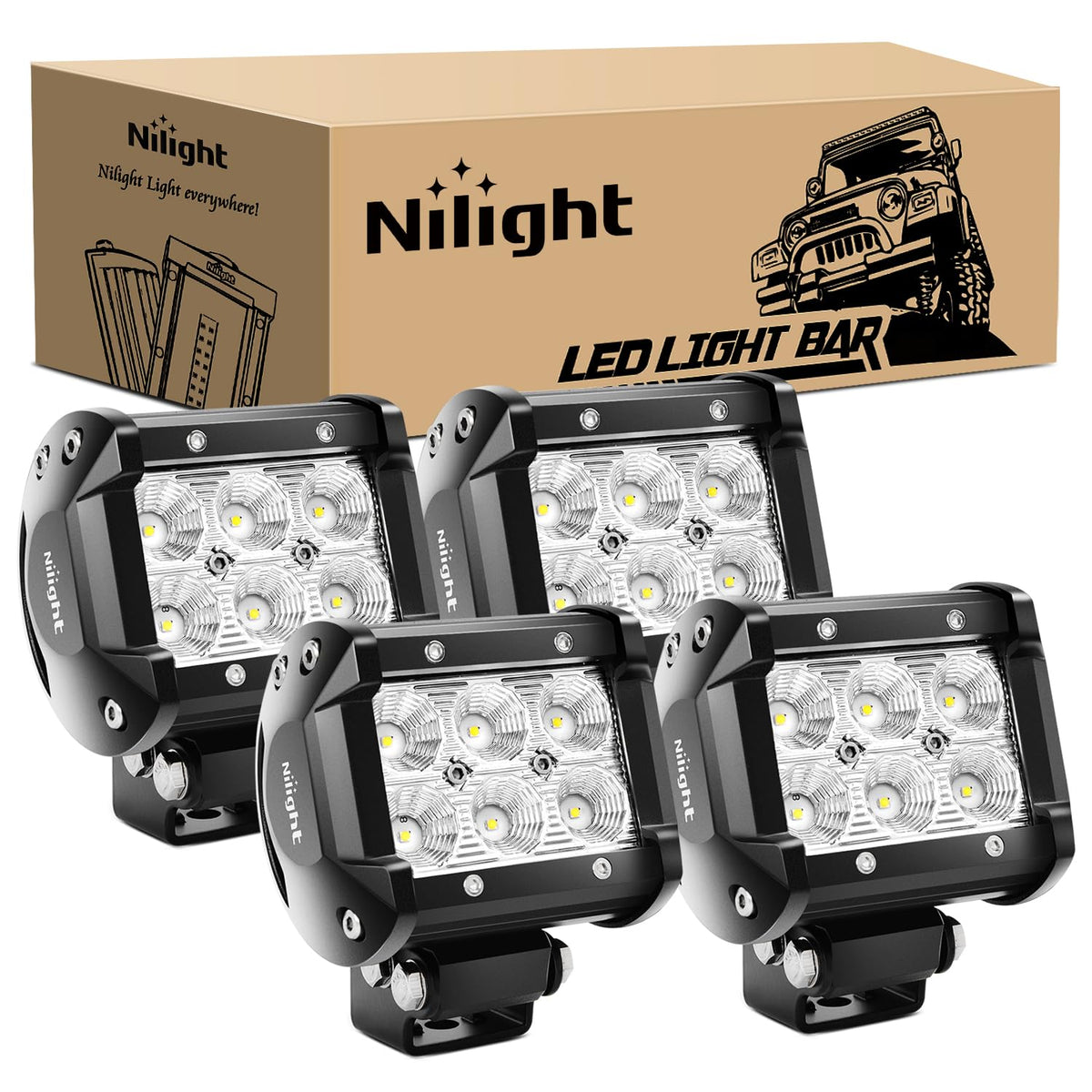 Nilight 60001F-C Barra de Luz LED, 4 Piezas de 10.2 cm, 18 W, 1260 lm, Luz de Inundación Todoterreno - 4PCS 18W Flood light