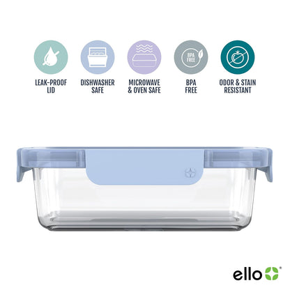 Ello Color Lock 3.4 tazas 10 unidades, paquete de 5 recipientes de vidrio para preparar comidas a prueba de fugas con tapas de plástico herméticas sin BPA, apto para lavaplatos, microondas y