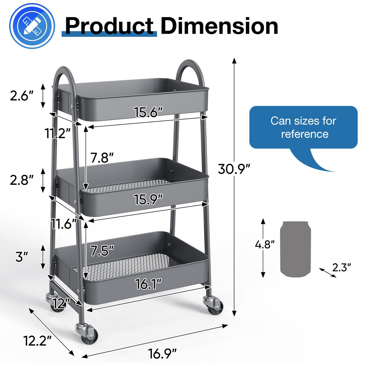 OLIXIS Carrito de Almacenamiento móvil de 3 Niveles, Carro de Almacenamiento móvil de Metal con Ruedas bloqueables, Estante de Almacenamiento Organizador para Sala de Estar, baño, Cocina y Lugares