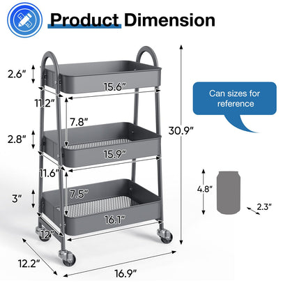 OLIXIS Carrito de Almacenamiento móvil de 3 Niveles, Carro de Almacenamiento móvil de Metal con Ruedas bloqueables, Estante de Almacenamiento Organizador para Sala de Estar, baño, Cocina y Lugares