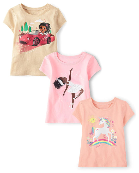 The Children's Place - Camisetas Estampadas de Manga Corta para niñas y niños pequeños, Varios Paquetes