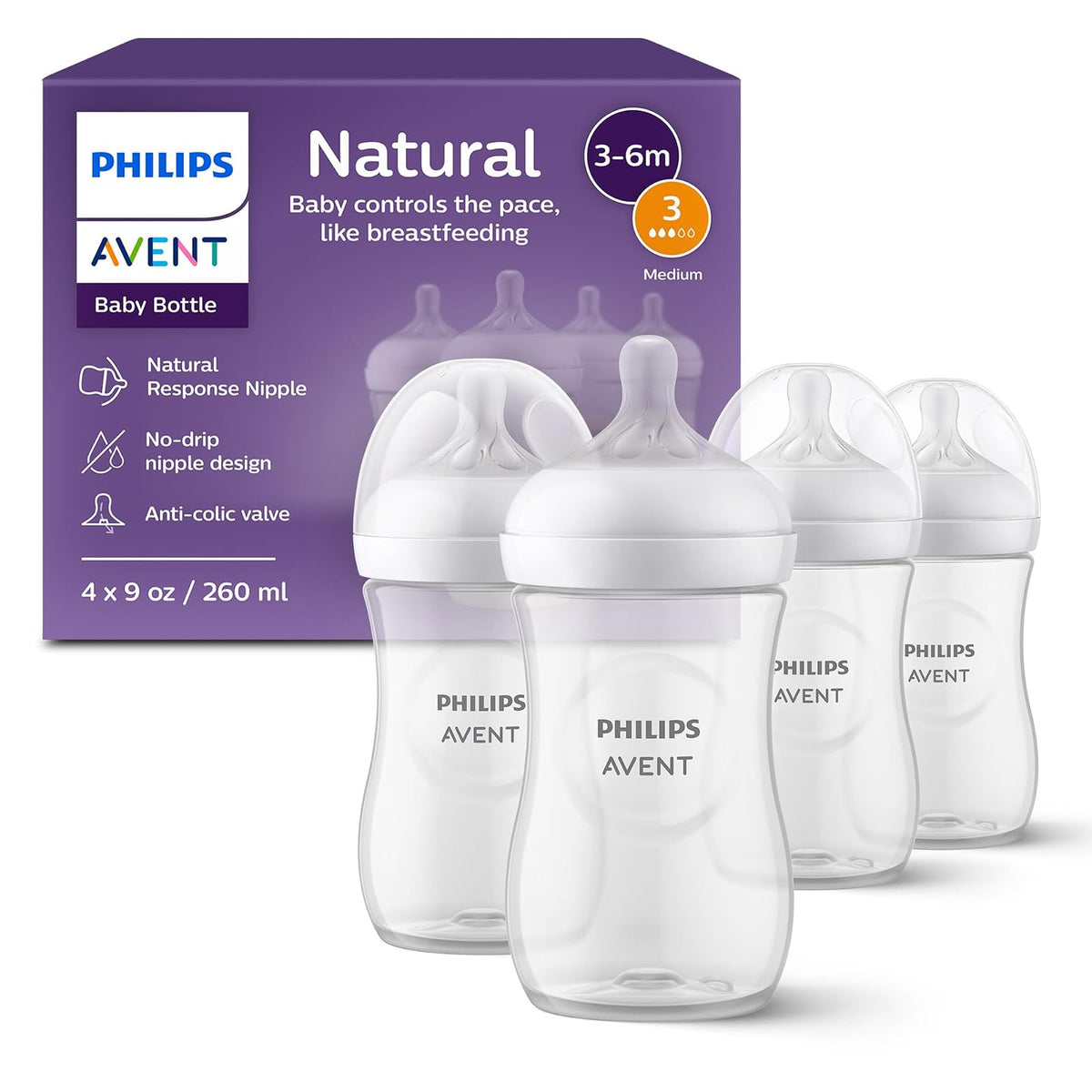 Philips Avent Natural Biberón para Bebé, Tetina Anticólica sin BPA - 260 ml (Pack of 4) - Transparente