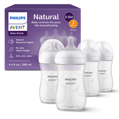 Philips AVENT Biberón natural con pezón de respuesta natural, transparente, 9 onzas, paquete de 4 unidades, SCY903/04