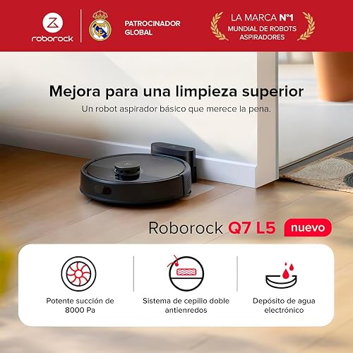 roborock Q7 L5 Robot Aspiradora y Trapeador (Negro Medianochel) | 8,000 Pa, Doble sistema antienredos, LiDAR, Depósitos de polvo y agua de gran capacidad, Hasta 210 m², Control por App